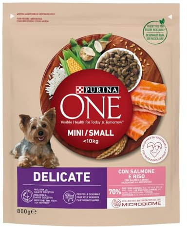 PURINA ONE Mini Small Delicate Crocchette per Cani Adulti con Salmone e Riso, 8 x 800g