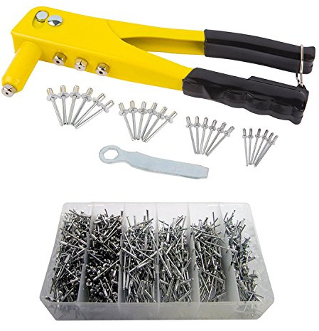 Heavy Duty Hand Rivet Gun 4 Head Nozzle Riveter Plus 1000 Assorted Pop Rivets