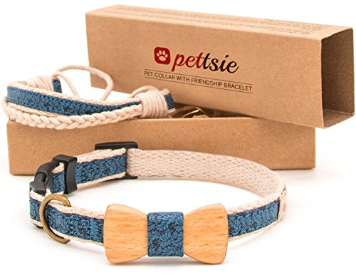 Pettsie Hundehalsband mit Fliege und Freundschaftsarmband, S, Blau | Freundschaftsarmband inklusive, Einstellbare Größen XS, S und M, Designer Hanf, Stark und langlebig