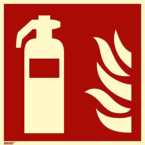 Feuerlöscher Schild 150 x 150 mm – Hart-PVC langnachleuchtend 55/8 mcd DIN 67510 Leuchtklasse B, Brandschutzzeichen F001, Sicherheitskennzeichen gemäß ASR A1.3 / ISO 7010 DIN 67510