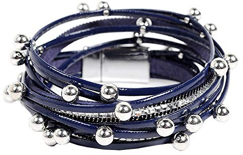 Cheerlife Mehrschichtig Leder Wickelarmband künstliche Perlen Mädchen Damen Party Kleid Zubehör Magnetverschluss Armband (Dunkelblau)