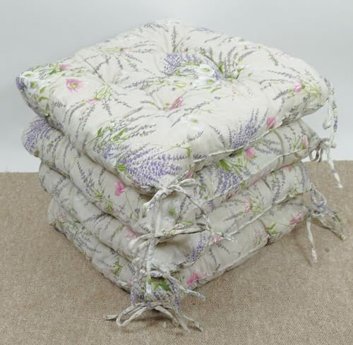 Rattani Set 4 x Stuhlkissen/Sitzkissen Klara 42 x 42 cm Dicke 8 cm, Stoff Mirha Leinen Lavendel - Made in EU
