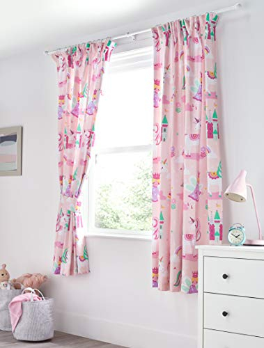 Bloomsbury Mill - Kids Curtains for Girls Bedroom - Unicorn, Rainbow & Princess - Lined Curtain Pair with Tiebacks - Pink Nursery Curtains for Childrens Baby Room - 66X72 inch drop (168x183cm)