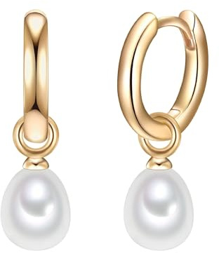 Valero Pearls Damen Klappcreolen aus 925/- Sterling Silber gelbvergoldet | Süßwasser-Zuchtperlen,Perlengröße 6-7mm,Tropfenförmig,weiß,Damencreolen,Creole,Gold,Perleneinhänger,Ohrringhöhe 24,5 mm