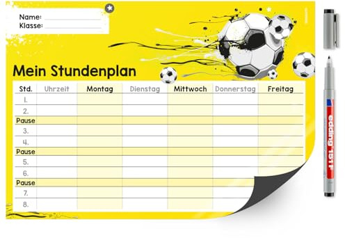 younikat Stundenplan abwischbar magnetisch Fußball Gelb - DIN A4 - dv645 | Wiederbeschreibbar, Digitaldruck, Whiteboard-Oberfläche, magnetischer Rückseite, zum Schulanfang, Einschulung, inkl. Stift
