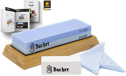 Bacher Premium Schleifstein. Zweiseitig, Körnung 1000/4000 Wetzstein Abziehsteine. Messerschärfer Wasserstein mit rutschfestem Bambusblock, Läppstein und detaillierter eBook-Anleitung