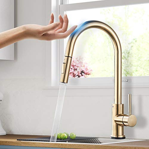 SUGU Grifo para fregadero de cocina sin contacto con una sola manija, arco alto, extraíble, mezclador de cocina, sensor táctil, 2 modos de agua, grifo de agua moderno, oro cepillado