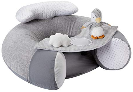 Nuby Little Penguin Sit-Me-Up - Cojín hinchable para bebés - Asiento de suelo hinchable para sentarse y jugar con bandeja y juguete - Gris - 6+ meses