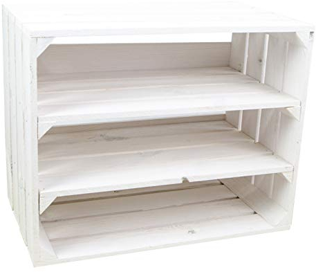 Schuhschrank Johanna mit doppeltem Längsbrett Schuhregal Weinregal Weinschrank aus geflammten / weissen Holzkisten Schuhablage für 6 Paar Schuhe als Schuhschrank aus Holz (weiss doppelt Längs weiss)