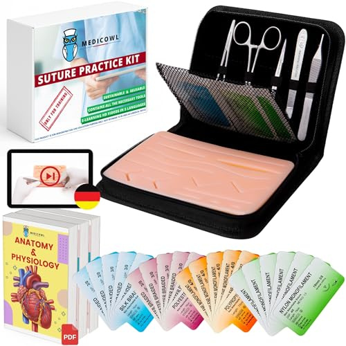 Nahttrainingsset | Nahtschulung + Wundnaht-Videokurs auf deutsch | 33 Stück im Fächeretui | Silikon-Nahtsimulator || Wundnaht-Übungsset | Ideales Geschenk für Medizinstudenten (Schwarz)