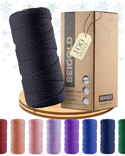 BEIGOLD® Premium Makramee Garn 3mm x 100m, Schwarz | Baumwollgarn Mischgarn, Zum Knüpfen von Macrame, Für Kunst DIY Handwerk