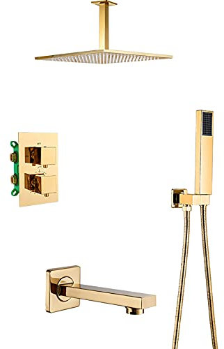 SHUGUANG Gold Duschsystem mit Duschkopf, Duschset Thermostat Duschsäule Deckenmontage Regendusche Set Unterputz Duschset Duscharmatur, Duschset Regendusche mit Handbrause, Badewanneneinlauf,12 Inch