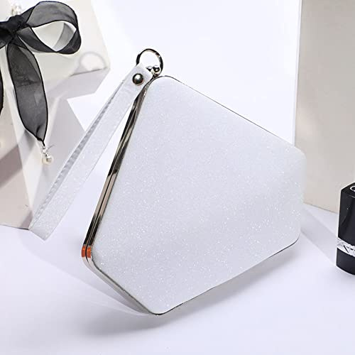 CCWORAN Rhombus Evening Bags For Women Wrist Strap White Sparkly Glitter Clutch Bags Weddings Stylish Elegant Leather Etachable Chain Strap Clutches Purse