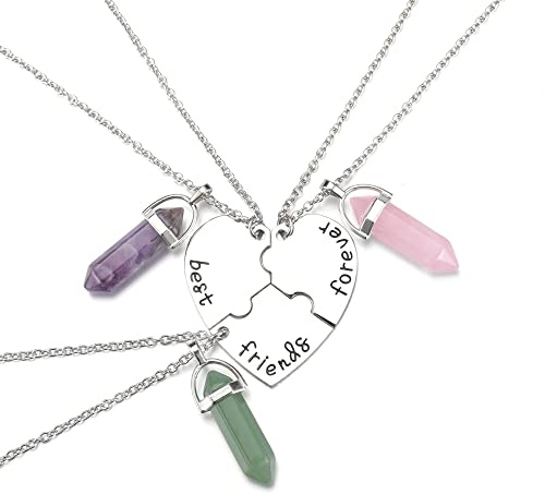 JSDDE Natural Crystals Best Friends Forever and Ever BFF Necklace Engraved Puzzle Friendship Heart Pendant Necklaces Jewellery (3pcs/set)