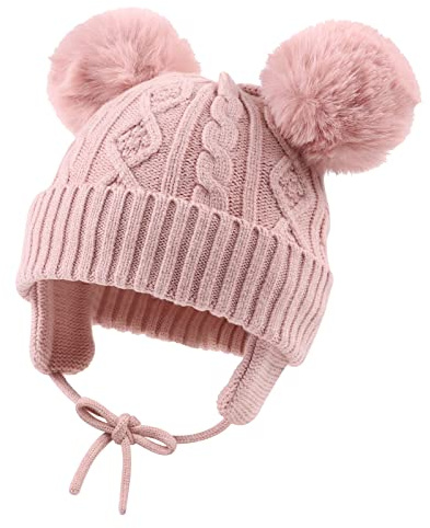 XIAOHAWANG Baby Mädchen Mütze Jungen Babymütze Winter Strickmütze Kindermütze Warme Wintermütze Mit Bommel(2-6Jahren, Haut rosa)