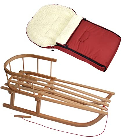 Kombierbjudande träsläde med ryggstöd och dragrep + universell vinteråksäck (90 cm), även lämplig för babystol, barnvagnar, buggy, lammull, uni (bordeaux + släde)