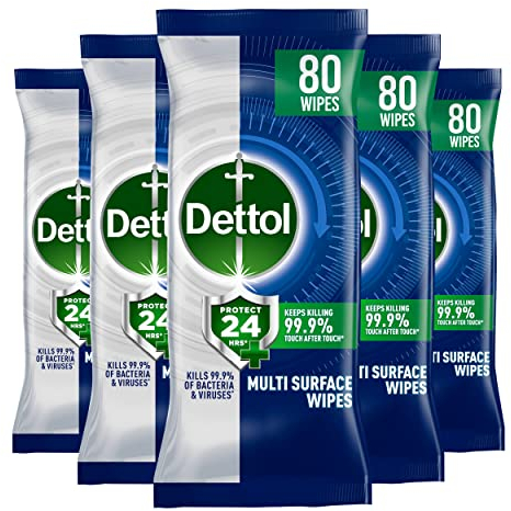 Dettol Protect 24 Multipurpose Antibacterial Wipes, 5 Pack of 80, Total 400, Long-Lasting Germ Protection, Ideal for Home, Office, Travel, First Aid Bag Essential
