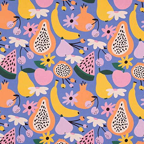 SCHÖNER LEBEN. Dekostoff Baumwolle Digitaldruck Retro Pop Obst Blumen lila bunt 1,40m