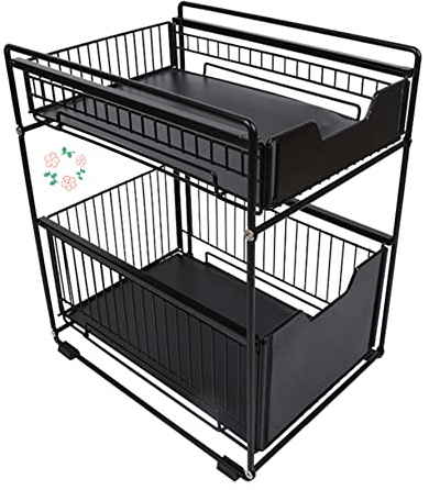 HUOLE Étagère de rangement à 2 niveaux en acier inoxydable avec tiroirs coulissants pour cuisine, 37.4 cm x 26.5 cm x 44 cm, Noir/Blanc