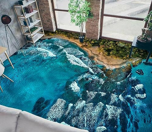 Wasserdichtes Bodendekorationsposter 3D-Bodentapeten mit blauen Wellen, 400 x 280 cm Selbstklebend Abnehmbarer Küchenbadboden Wasserdichter Boden, Epoxidharz