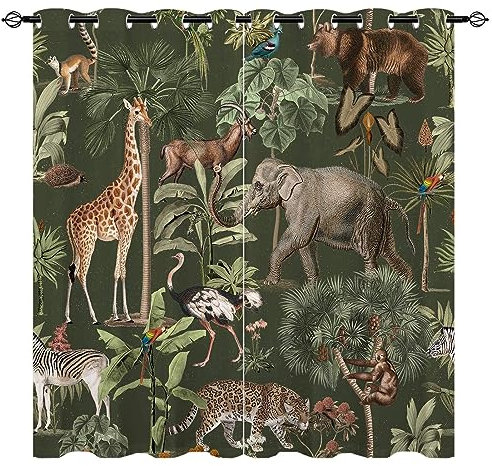 YUANZU Safari Wild Tier Vorhänge Bär Giraffe Dschungel Ösen Gardinen mit Blickdichte Vorhang Kälteschutz Blackout Curtain Kinderzimmer Schlafzimmer Verdunkelung Fenster, 2 Stück, H 137 x B 132 cm
