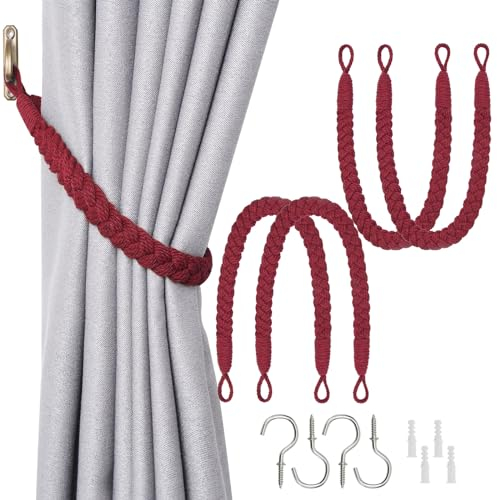 ANSNOW 2Er-Pack Vorhang-Raffhalter Aus Natürlichem Baumwollseil Im Boho-Stil, Dekorative Vorhang-Raffhalter, Handgewebte Seil-Vorhanghalter Mit Metallhaken Für Vorhänge Zu Hause Und Im Büro/Weinrot/