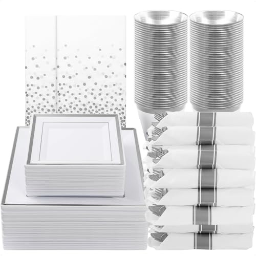 Goodluck 352 Pieces Silver Dinnerware Set for 50 Guests, Square Plastic Plates with Silver Trim, Include: 100 Plastic Plates, 50 Rolled Napkins, 50 Cups, 50 Cutlery Set and 2 Tablecloth