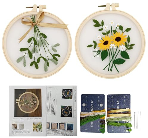 KASESSS 2 Stück Stickset für Anfänger, Sticken Set Erwachsene, Embroidery Kit, Blumenmuster Stick Set, Stickerei Set Inklusive Stickrahmen, Stickgarn, Organza und Sticknadel für DIY Kunst, Handwerk
