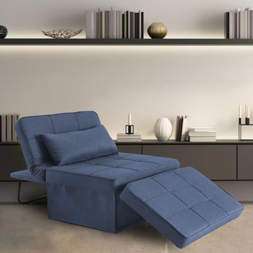 WEIDPHL Schlafsofa, Schlafsessel mit Kissen, Klappbares Ottoman-Schlafsofa aus atmungsaktivem Leinen mit Verstellbarer Rückenlehne, moderner verwandelbarer Sessel,Blau