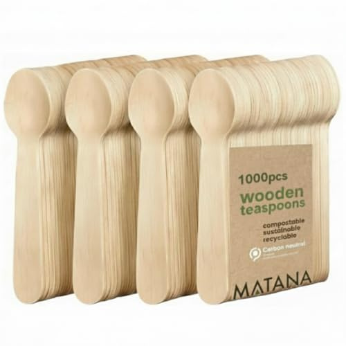 MATANA 1000 Premium Wooden Teaspoons - 14 cm Birch Wood, Smooth & Splinter-Free, Plastic-Free Mini Spoons for Coffee, Desserts, Tastings & Party Catering - Compostable and Biodegradable