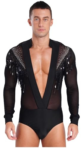 Freebily Body da Ballo Latino Tango Uomo con Strass Nappe Leotards Camicia da Danza Classica Moderna Salsa Bodysuit da Pattinaggio Artistico Body Ginnastica Danza Jazz