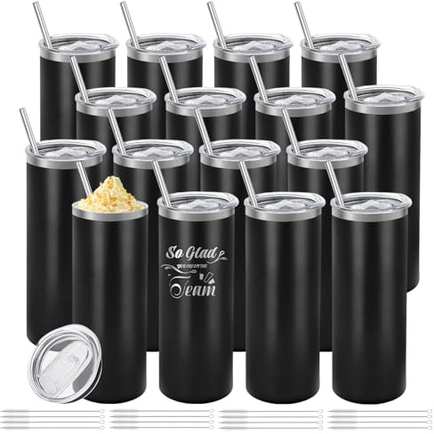 YOUKE OLA 16 Pack Stainless Steel Skinny Tumblers Bulk Straight Double Wall Powder Coated Insulated Tumbler with Lid and Straw for Laser Engrave, DIY Gift, 20oz Black