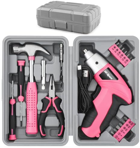 Kit d'outils Hi-Spec 19 pièces, tournevis électrique 3,6V rose USB, kit de bricolage à domicile. Tournevis sans fil et rechargeable, avec boîte à outils compacte