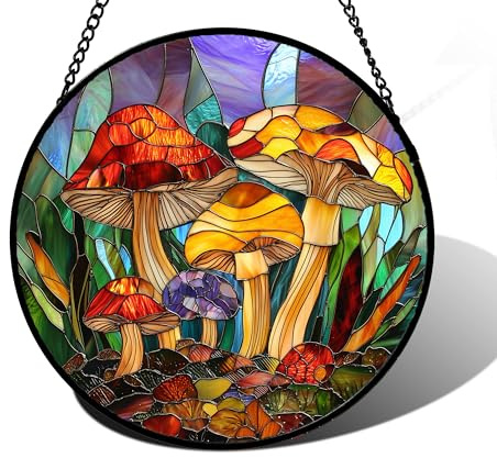 DASTOLL Stained Glass Window Hanging, Jungle Mushrooms Sun Catchers Diamond Glass Panel Hangings Plant Suncatcher Decor for Birthday for Women, Men, Wife, Aunt, and Mom 7.8 in