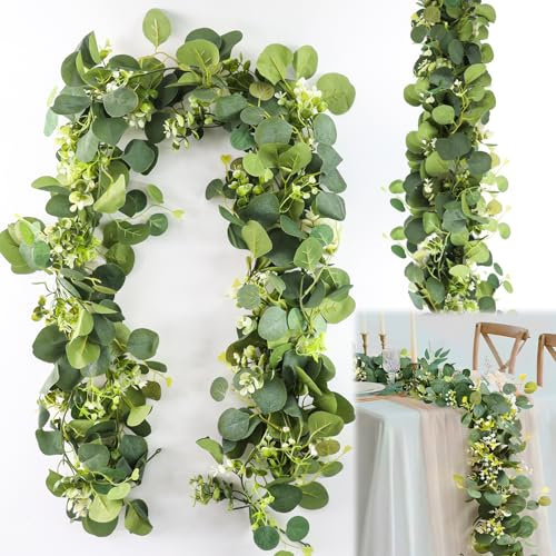 GENHH 2 Stück Eukalyptus Girlande, 1,8m Eukalyptus Deko, Künstliche Girlande Pflanze Hängend Grüne Blätter Deko mit Weiße Blumen Silberdollar für Hochzeiten Esstische Kaminsimse Treppen Türrahmen