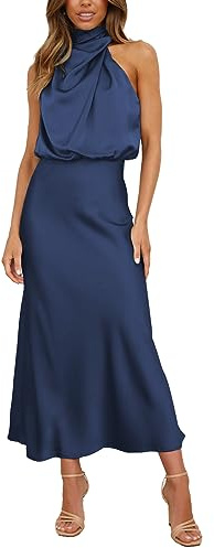 BDSCZW Dam elegant satinklänning ärmlös hög midja bröllop formell bröllopsgäst cocktailklänning, balklänningar, festklänning, midiklänningar, Mörkblå, XL