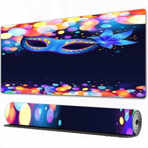 FEHWI Mauspad 75×40 cm Verlängertes großes Mauspad Schreibtischauflage,Venedig, Leuchtend Blaue Karnevalsmaske mit verzierter Blume und Wimperntus,genähte Kanten Gaming Mauspad,rutschfeste Gummibasis