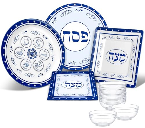 Vesici 10 Pcs Full Passover Seder Set Renaissance Collection Pesach Set Includes 1pcs Seder Plate Square Matzo Plate 1pcs Round Matzah Cover Afikoman Bag 6 Pcs Round Acrylic Seder Plate Liners