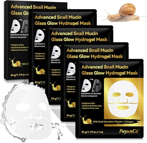 Advanced Snail Mucin Glass Glow Hydrogel Face Masks, 4Pièces Masque Collagene, Masque de protéines d'escargot, Anti-Rides, Anti-Âge, Hydratation Intense, Nourrissant, Réduction des Pores, La peau Lumi