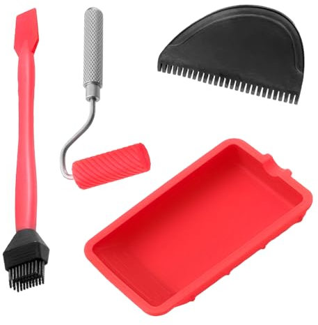 Silikon Klebewanne und Malerrolle Set, Hochwertiger Langlebiger Aluminiumgriff, Wasserlose Reinigung, mit zwei Leimpinsel, für Heimwerker und Handarbeiten (Rot)