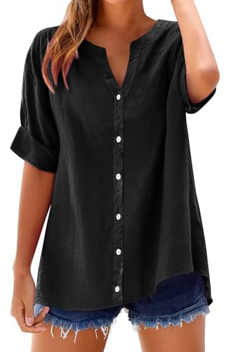 Dam linneblus bomull V-ringning elegant överdimensionerad bomullströjor avslappnad bekväm sommar vår andningsbar blus vintage enfärgad tröja t-shirt arbete kontor mode blus, Svart, S