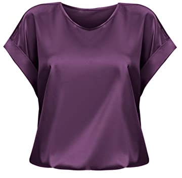Satin-Bluse für Damen - Kurzarm, Rundhalsausschnitt, lockere Passform, elegantes lässiges T-Shirt, elegante Sommer-Seidenblusen für Damen Business-Casual & Arbeitskleidung, dunkelviolett, XL