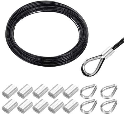 sourcing map 66FT Stainless Steel Cable Railing Kit, 1/16 Vinyl Coated 7x7 Strand Wire Rope with Loop Sleeves and Thimbles for Outdoor Deck Fence Wire & String Light,Picture Hanging,Black