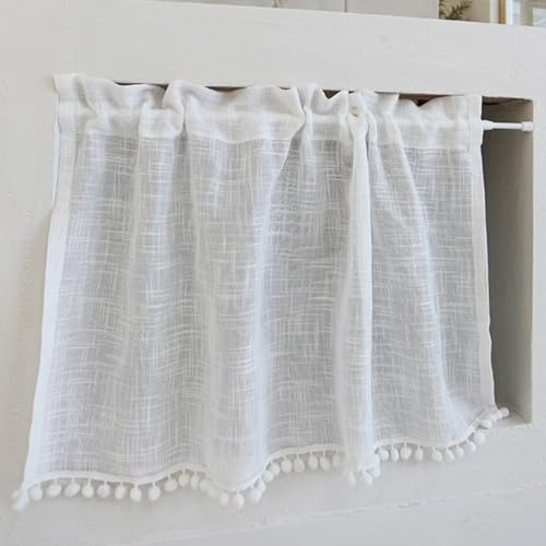 AQCQDQ 2er Set Scheibengardinen, Modern Küchengardinen, Bistrogardine, Landhausstil Leinen Kurzgardine mit Zierkugeln, Gardine Vorhang für Küchen Balkon (B70*H75 cm)