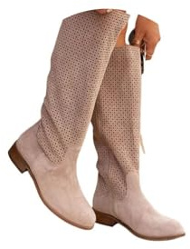ORANDESIGNE Stivali Western Estivi da Donna Alla Caviglia Motivo Traforato Stivali da Cowboy in Camoscio Boho chic