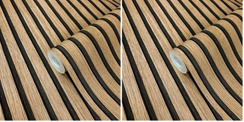 WALLCOVER Papier peint aspect bois, marron, panneaux acoustiques, effet 3D, panneaux en bois scandinave, aspect naturel, moderne, 10,05 x 0,53 m, fabriqué en Allemagne (Lot de 2)