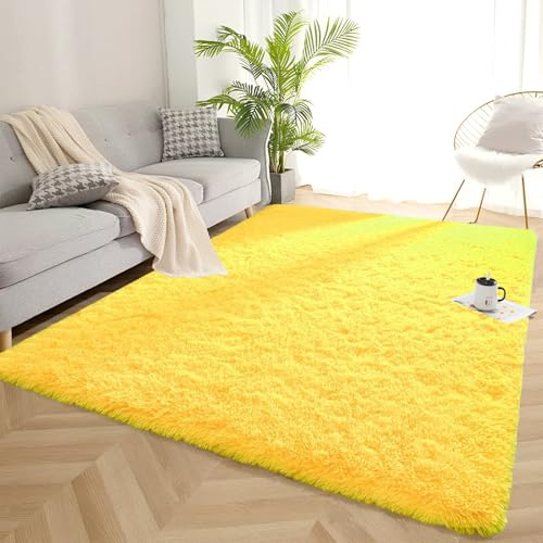 Orbezil Hochflor Teppich Wohnzimmer Gelb 120x180cm Anti-Rutsch Extra Große Teppiche Flauschige Moderne Matte Carpet Rug Mädchen Schlafzimmer und Kinderzimmer