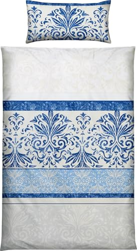 Erwin Müller Bettwäsche Mako-Satin Ornamente blau Größe 40x80 cm / 135x200 cm - temperatur- und feuchtigkeitsausgleichend, traumhaftes Schlafklima, mit Reißverschluss