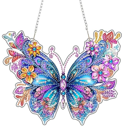 NEWENMO 5D Schmetterling Diamond Painting Anhänger Set,DIY Diamond Painting Fensterbilder Anhänger,Blumen Diamant Crystal Art Kits mit Kette,für Fenster,Wände,Türöffnungen und Gartendekoration