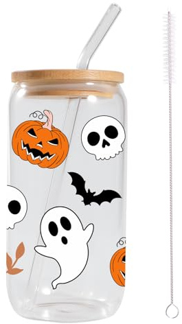 JEKUGOT Halloween Pumpkins Ghosts Cup, Halloween Ghost Iced Coffee Cups, Glass Cup with Lid and Straw, Lovers Gothic 16 oz Glass Cups, for Halloweens Themed, Party Decor, Gifts for Women